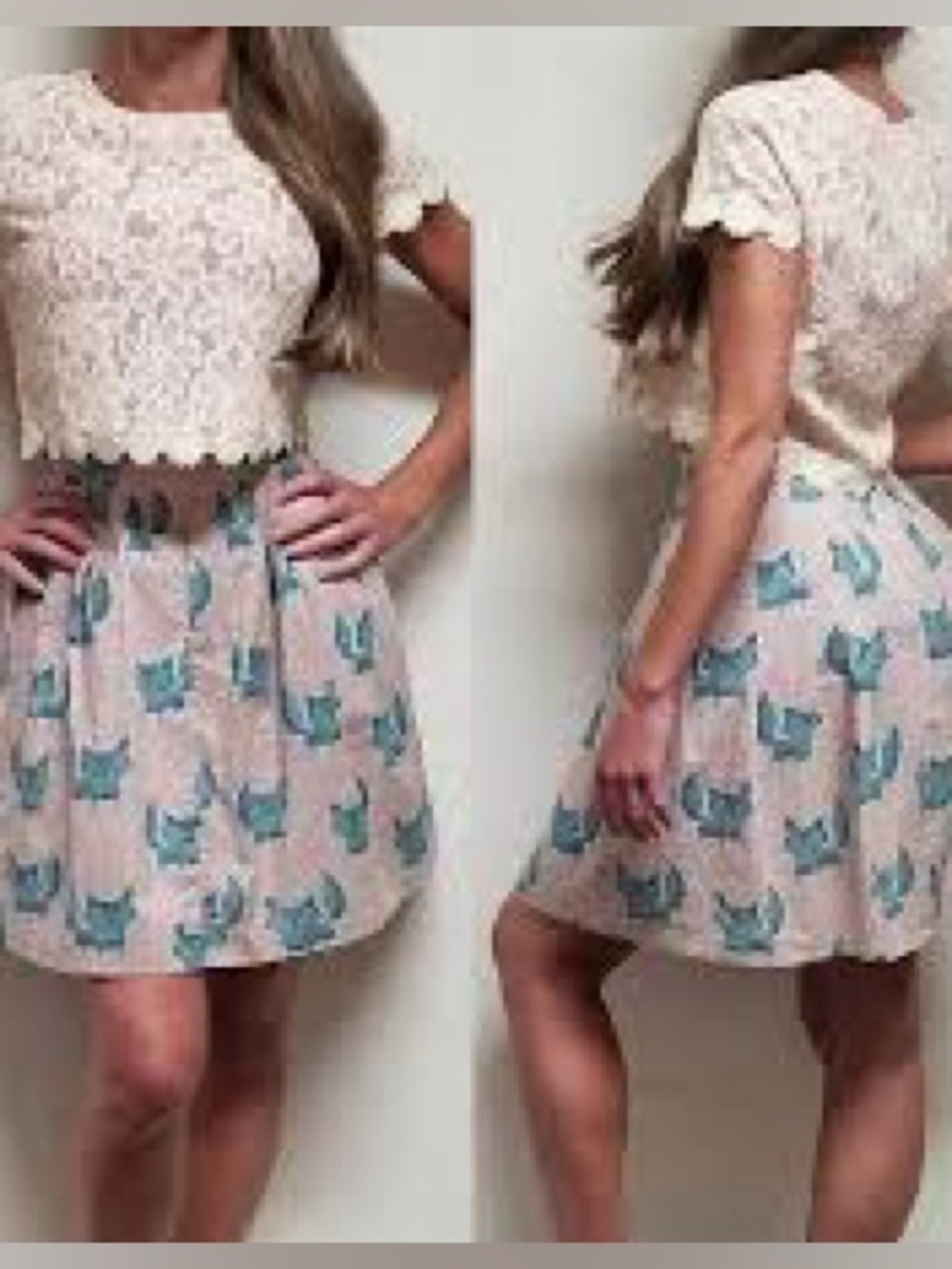 Comme Toi by Anthropologie skirt blue fox print and pleated details Sz M